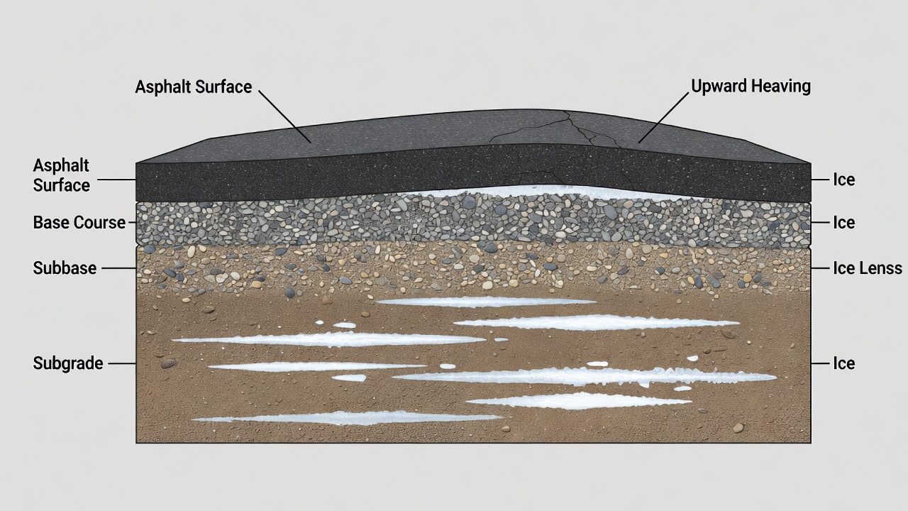 Coupe transversale d'une chaussée montrant la formation de lentilles de glace dans un sol de fondation sensible au gel avec des couches visibles