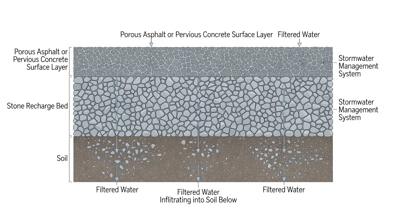 Diagramme en coupe d'un système de chaussée perméable montrant la surface poreuse, le lit de recharge en pierre et l'infiltration de l'eau dans le sol