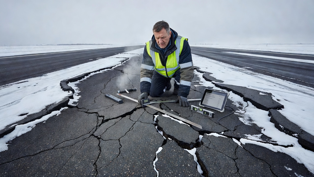 Ingénieur inspectant les dommages de soulèvement dû au gel sur une piste d'aéroport avec une surface asphaltée soulevée et fissurée