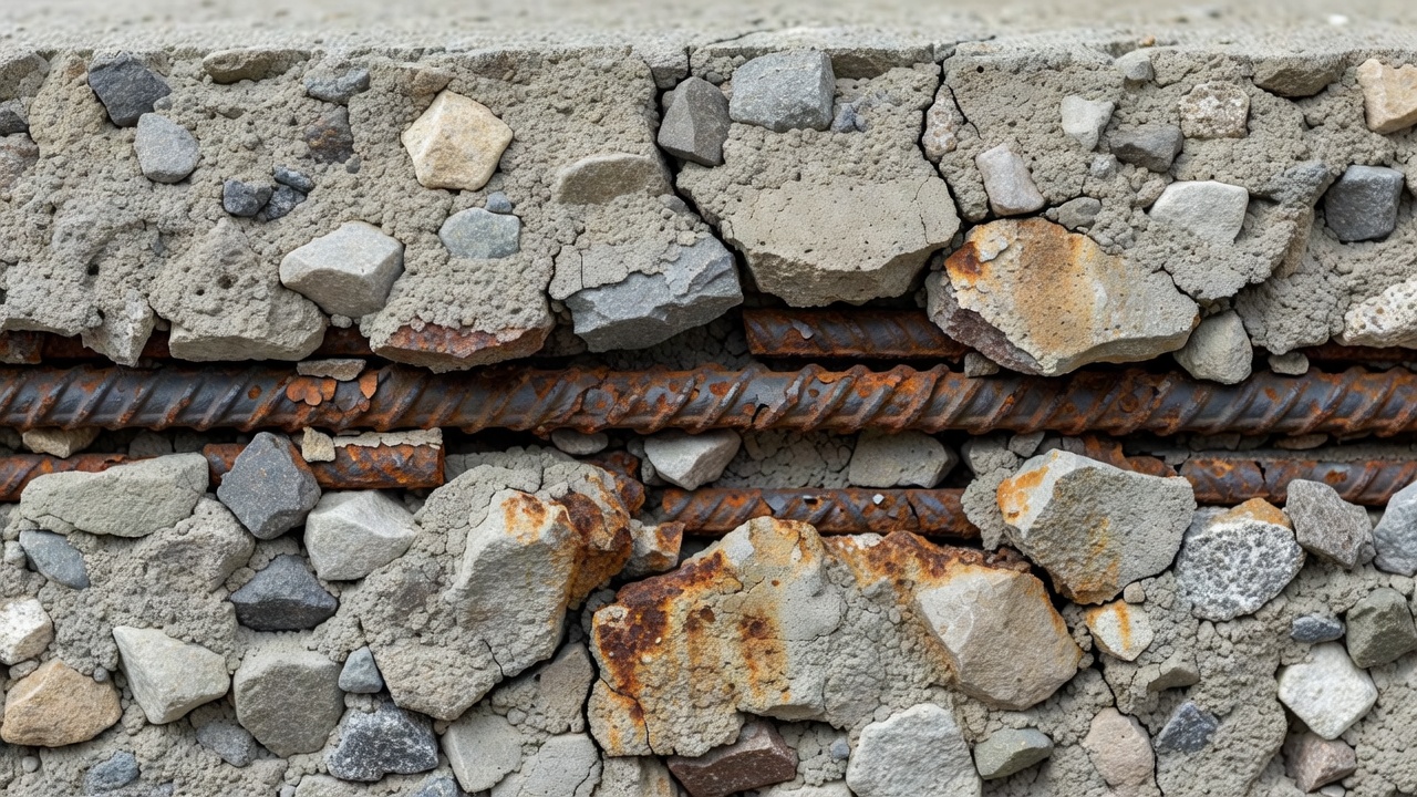 Coupe transversale de béton armé montrant des armatures en corrosion provoquant une fracture horizontale de délaminage parallèle à la surface