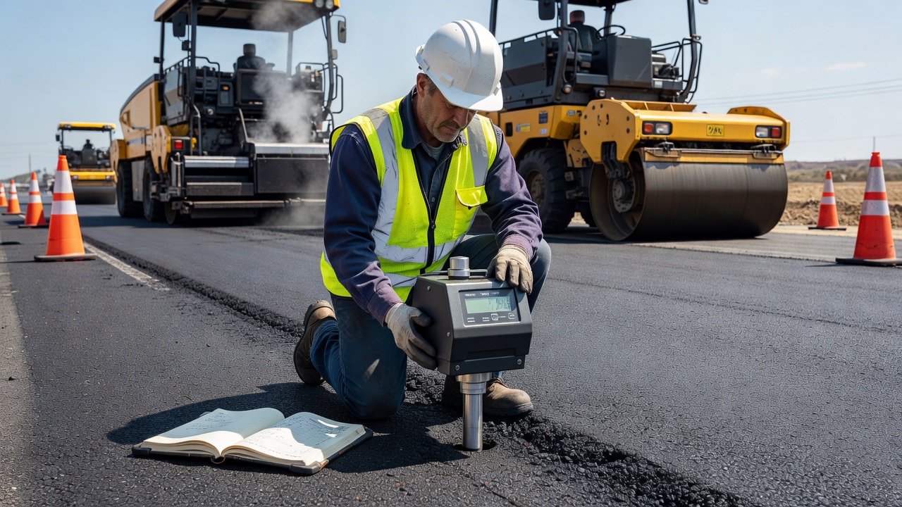 Photographie professionnelle d'une jauge nucléaire de densité utilisée sur une surface de chaussée asphaltique fraîche par un technicien portant un gilet haute visibilité et un casque de sécurité