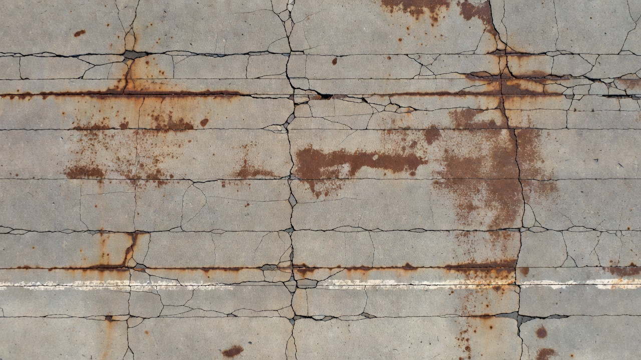 Surface de tablier de pont en béton avec des traces de rouille brun-rougeâtre et des fissures longitudinales suivant le motif des armatures