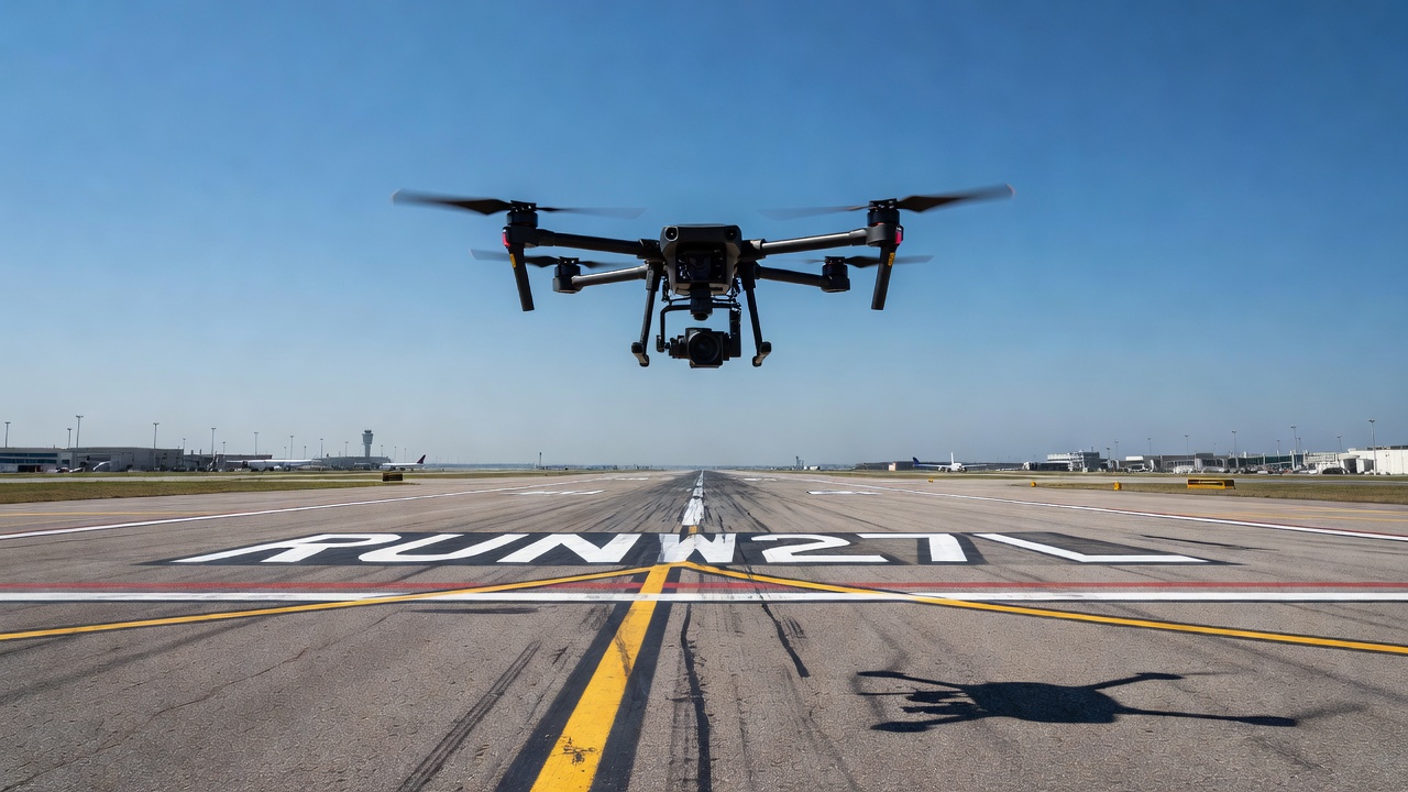 Drone autónomo volando sobre una pista de aeropuerto para inspección de infraestructura con carga útil de cámara