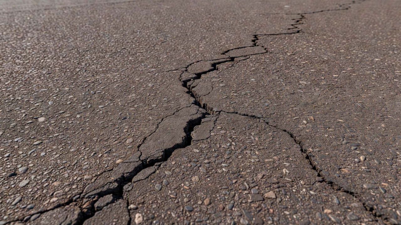 Photographie en gros plan d'une surface de chaussée en asphalte montrant une fissure visible en zigzag avec texture naturelle