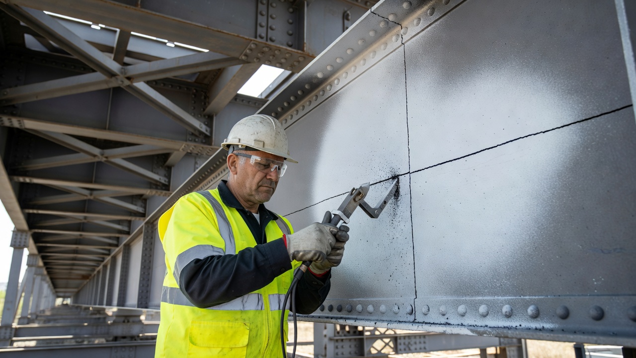 Technicien CND effectuant un contrôle par magnétoscopie sur une poutre de pont en acier à l'aide d'un aimant en Y électromagnétique portatif