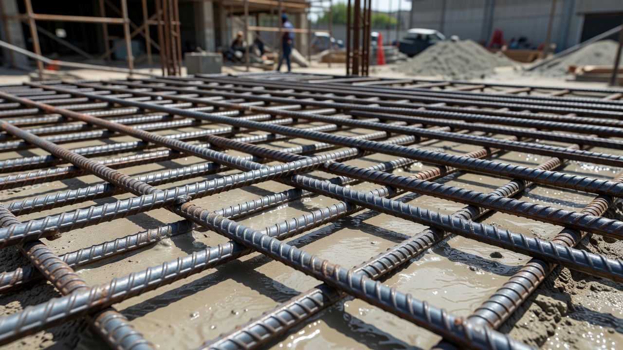 Barres d'armature en acier déformé avec leur texture nervurée caractéristique disposées en treillis de renforcement avant la mise en place du béton