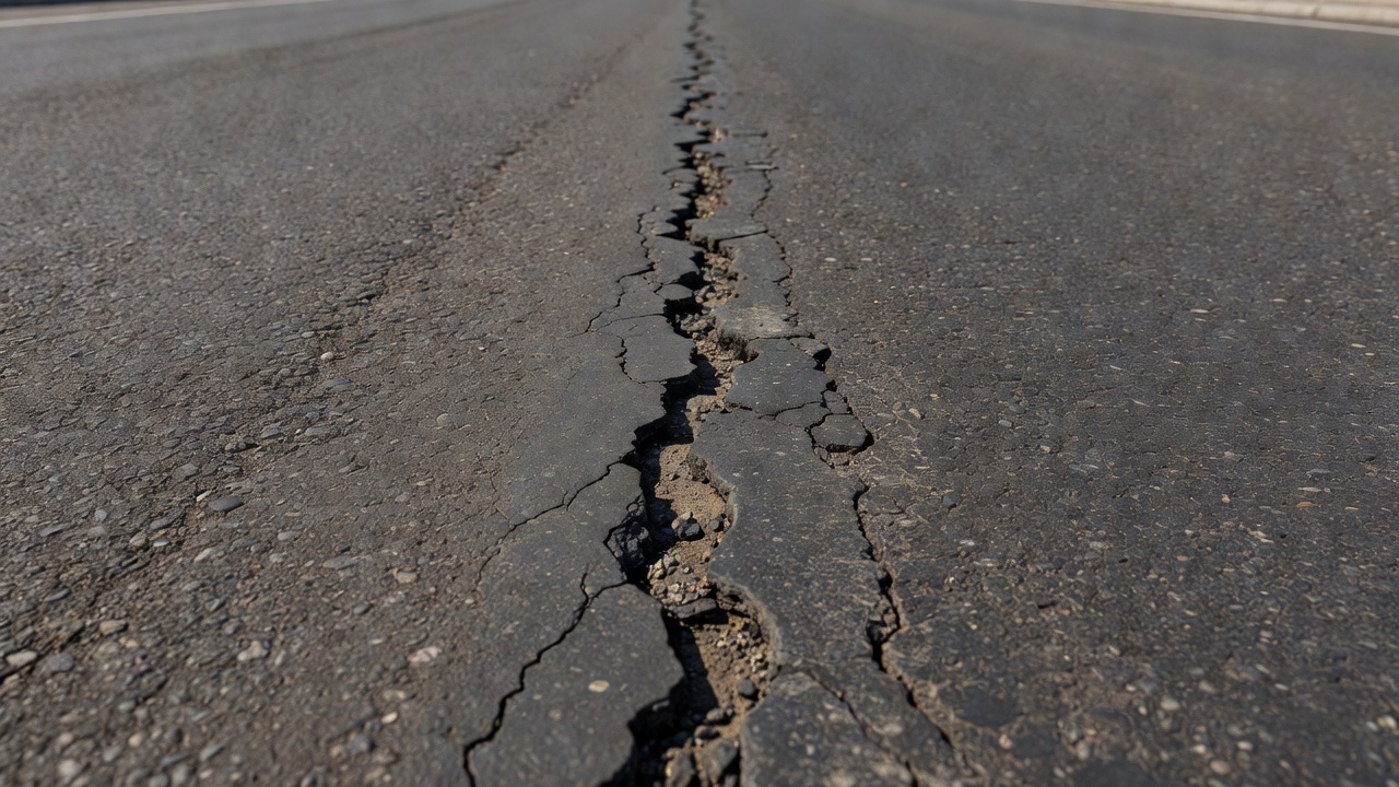 Vue rapprochée d'une fissuration longitudinale sur une surface de chaussée en asphalte montrant une fissure parallèle à l'axe central de la route