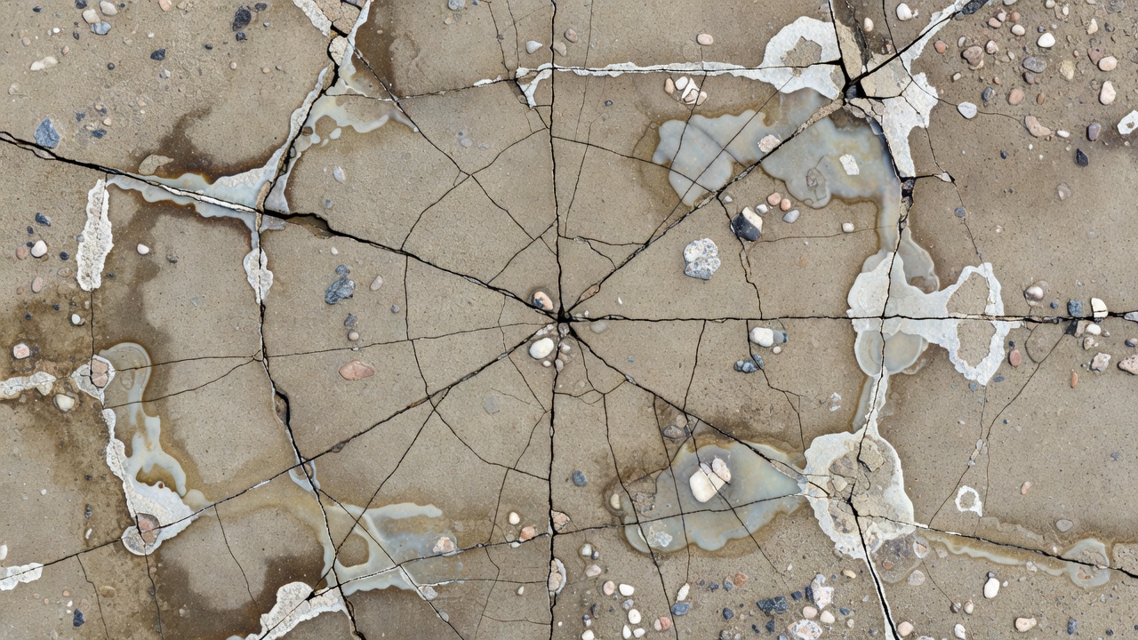 Surface de béton présentant une fissuration cartographique due à la réaction alcali-silice avec coloration caractéristique par le gel autour des fissures