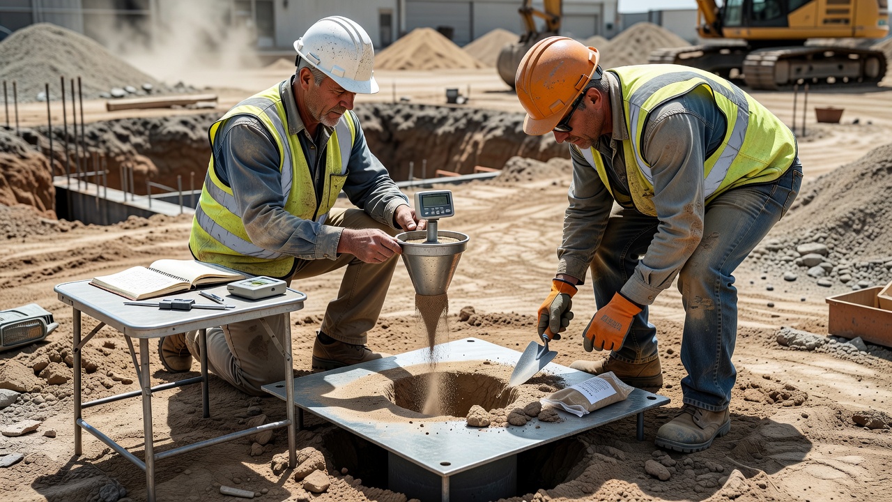Ingénieur géotechnicien réalisant un essai au cône de sable sur un chantier de construction, technicien creusant le sol à travers une plaque de base pour la mesure de densité en place