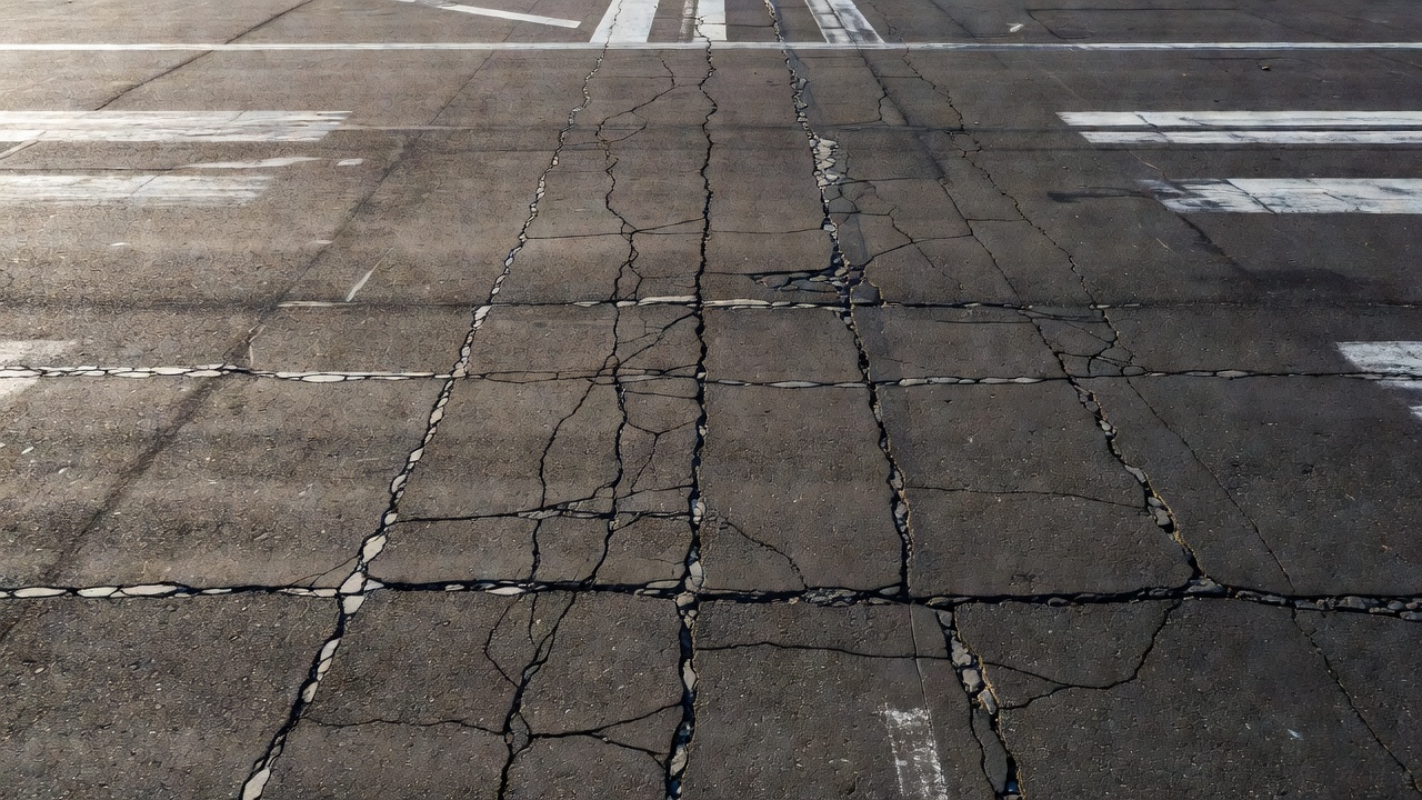 Vue aérienne rapprochée d'une surface de piste en asphalte avec des fissures de chaussée visibles sous un soleil radieux