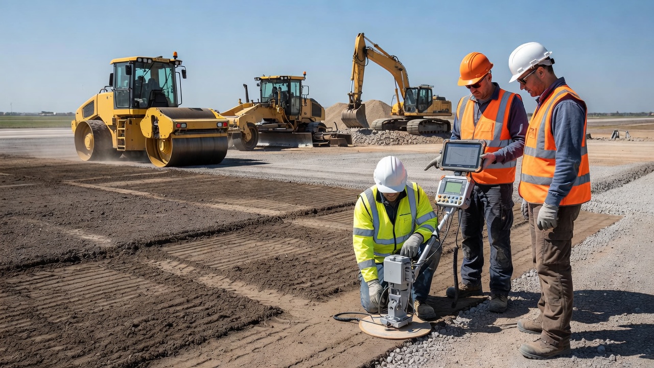 Scène de construction de piste d'aéroport avec des ingénieurs utilisant un Déflectomètre Léger pour tester la qualité du compactage de la plate-forme