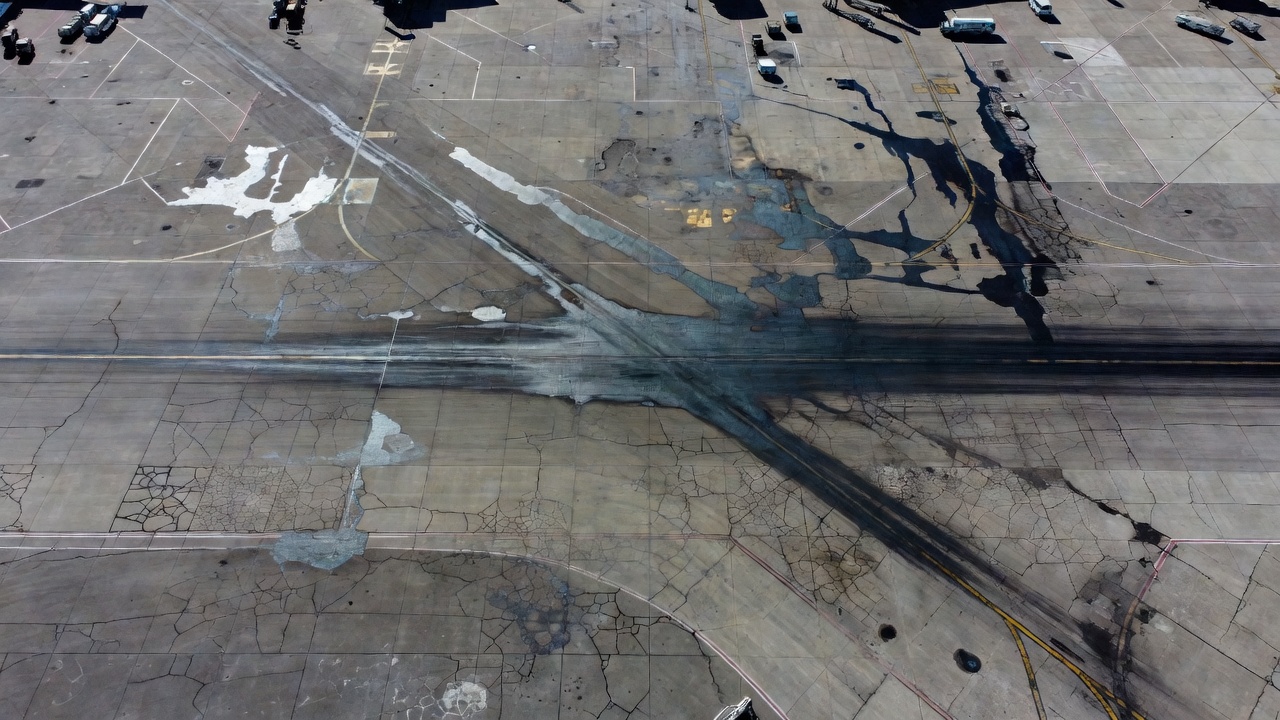 Surface d'aire de trafic aéroportuaire montrant des taches de déversement de carburant, des dépôts de gomme et des motifs de dégradation de la chaussée