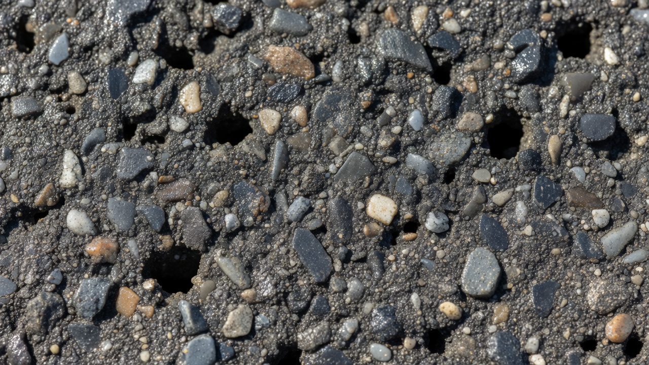 Photographie macrophotographique en gros plan d'une coupe transversale de chaussée en enrobé bitumineux à chaud compacté montrant de petits vides d'air entre les particules d'agrégats enrobés