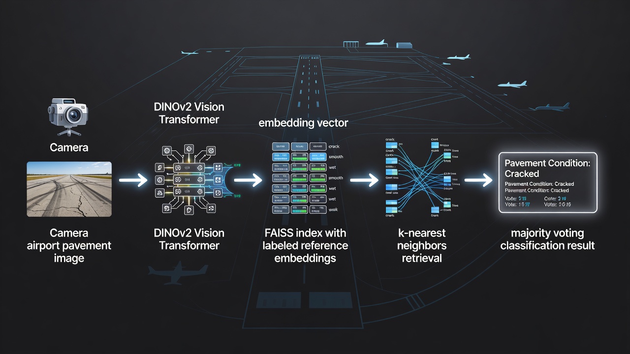 Machine learning pipeline showing FAISS-powered surface quality classification from drone pavement inspection