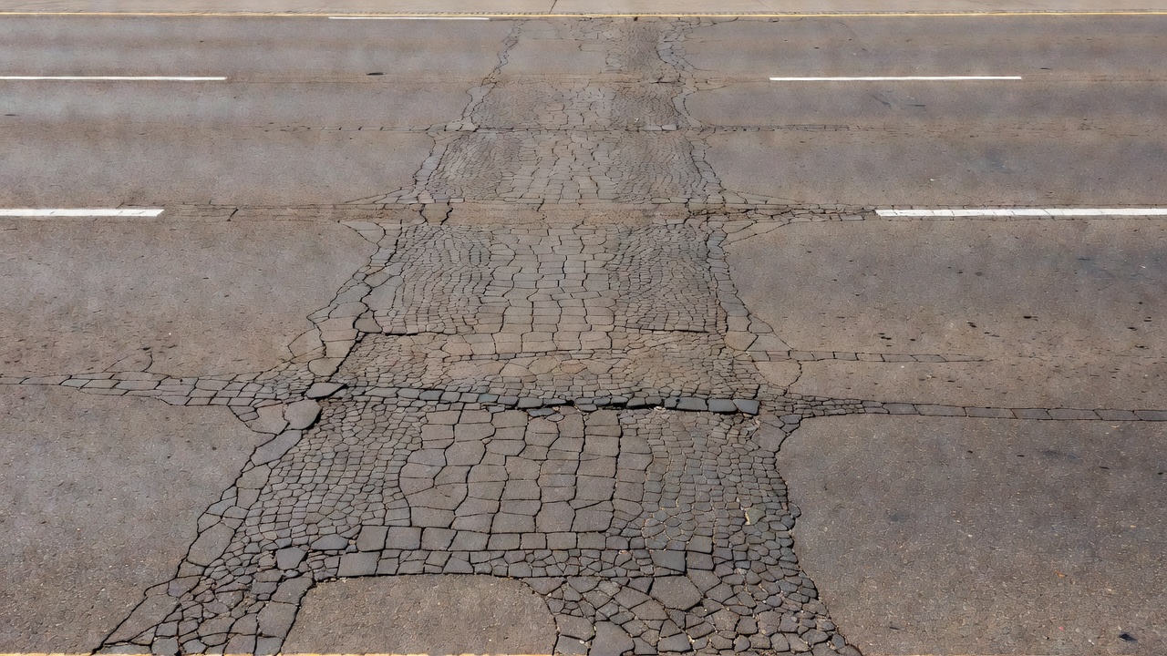 Fissuration en peau de crocodile de sévérité moyenne sur une trace de roues autoroutière montrant un réseau de fissures interconnectées
