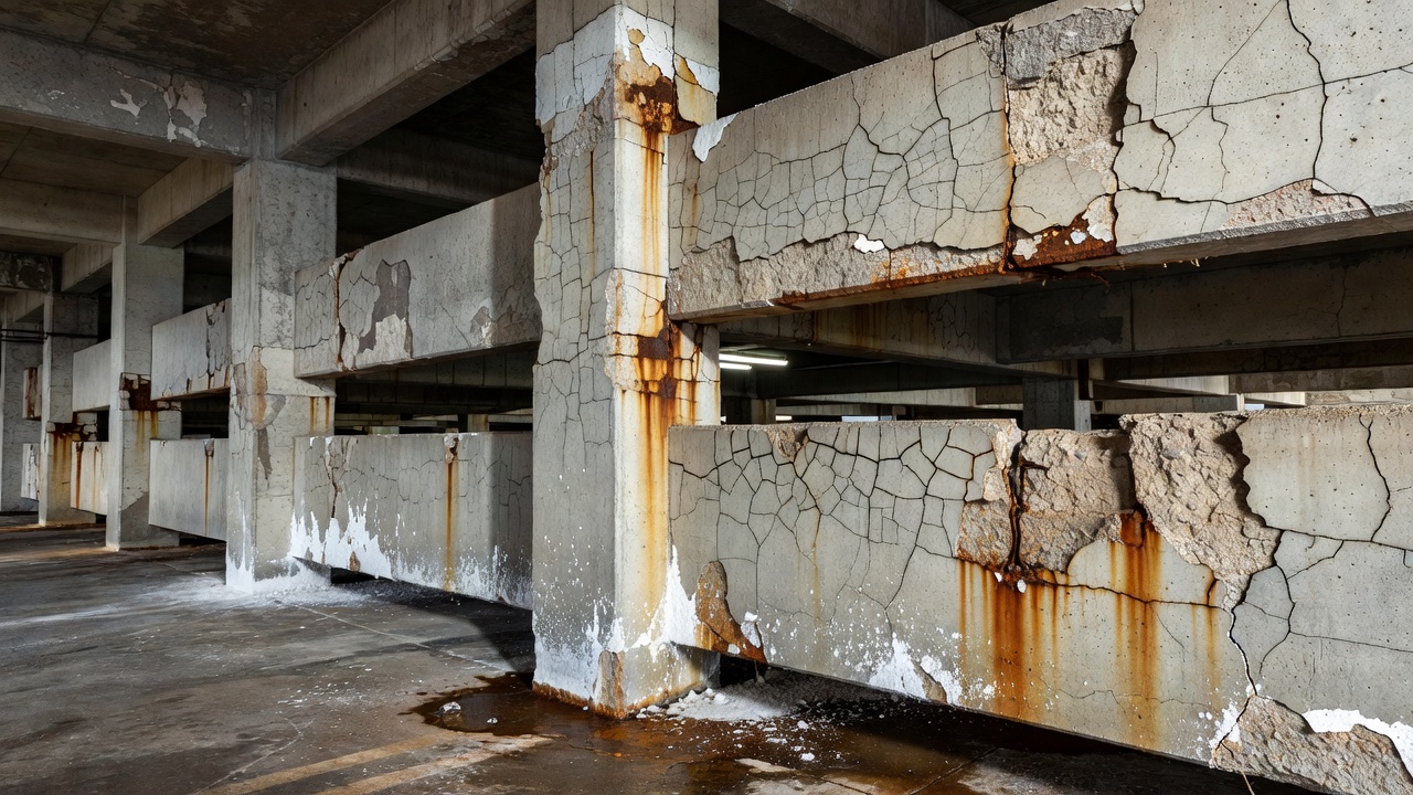 Structure de stationnement en béton avec dommages de corrosion induite par les chlorures montrant des taches de rouille et une délamination sur les colonnes et les dalles