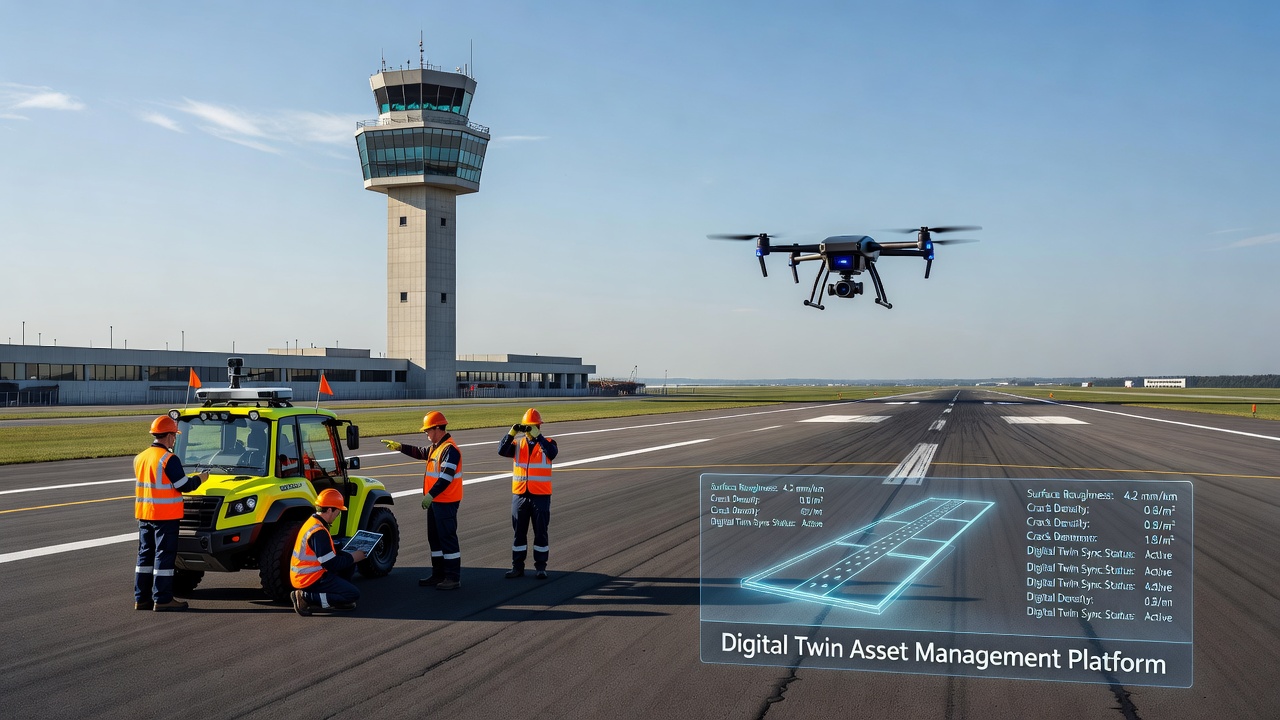 Tour de contrôle aéroportuaire et opération de surveillance de l'état des chaussées de piste avec un drone survolant la surface de la piste collectant des données d'inspection visuelle pour la plateforme de gestion des actifs par jumeau numérique