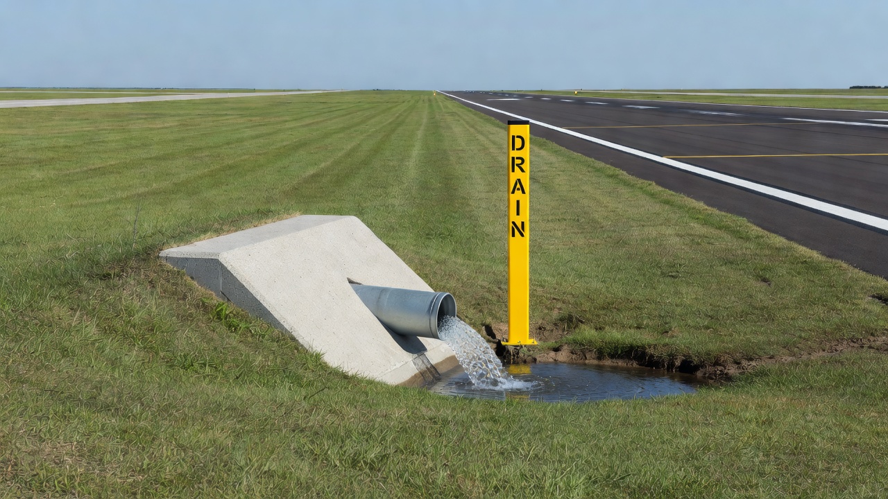 Tuyau d'exutoire de drain de rive avec tête de mur en béton et poteau repère en acier sur l'accotement d'une piste aéroportuaire