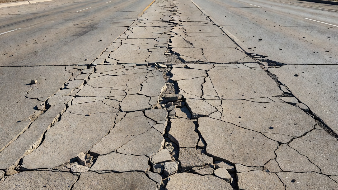 Chaussée en béton avec écaillage de joint, écaillage de surface et fissuration sur une surface routière en béton de ciment Portland