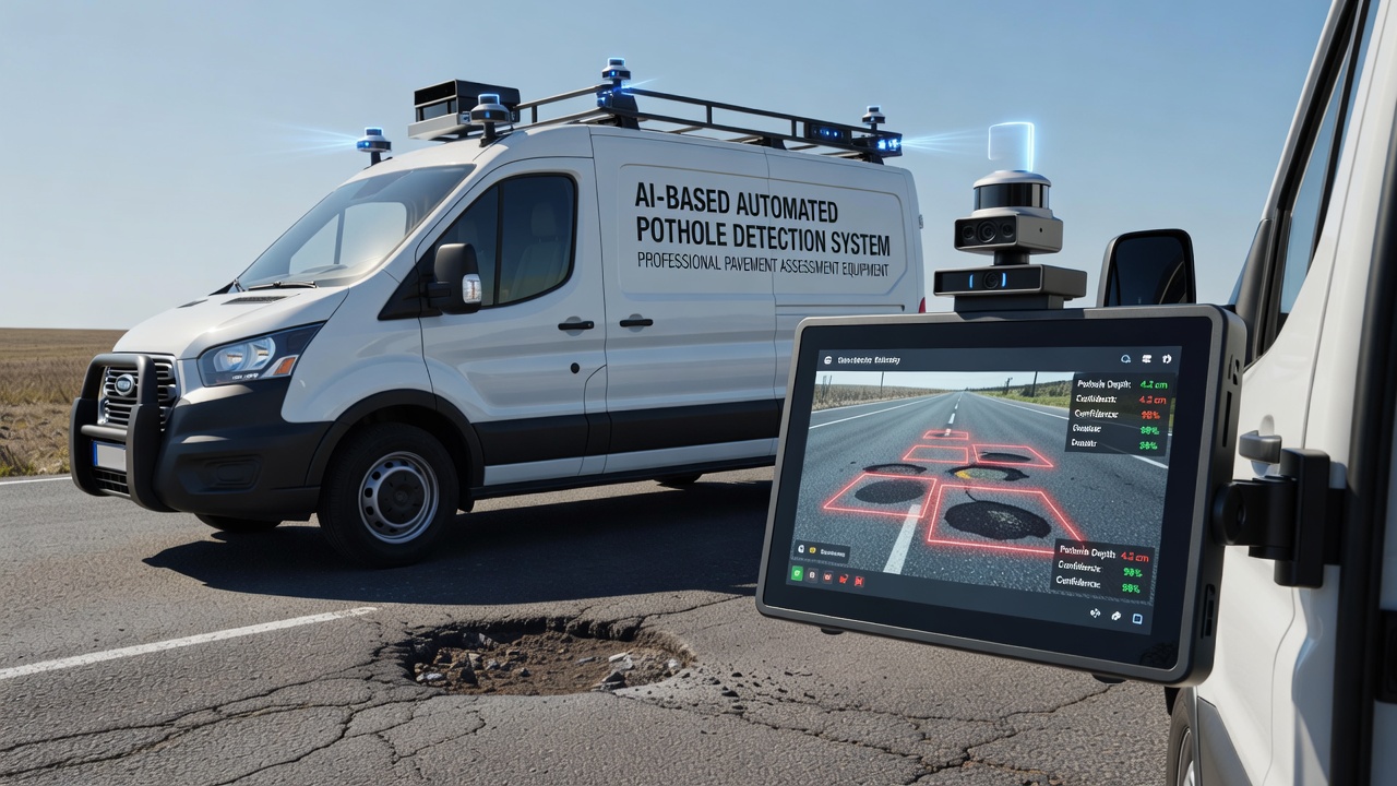 Véhicule d'inspection de chaussée avec caméras et capteurs LiDAR scannant la surface routière pour la détection automatisée de nids-de-poule par IA