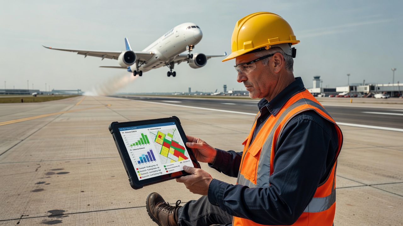 Ingénieur en gestion des chaussées aéroportuaires analysant des données PCI sur une tablette près d'une piste