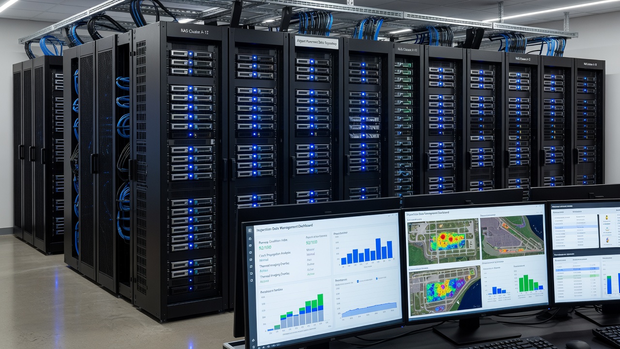 Data center server room with NAS storage racks and monitoring displays for airport pavement inspection data management infrastructure