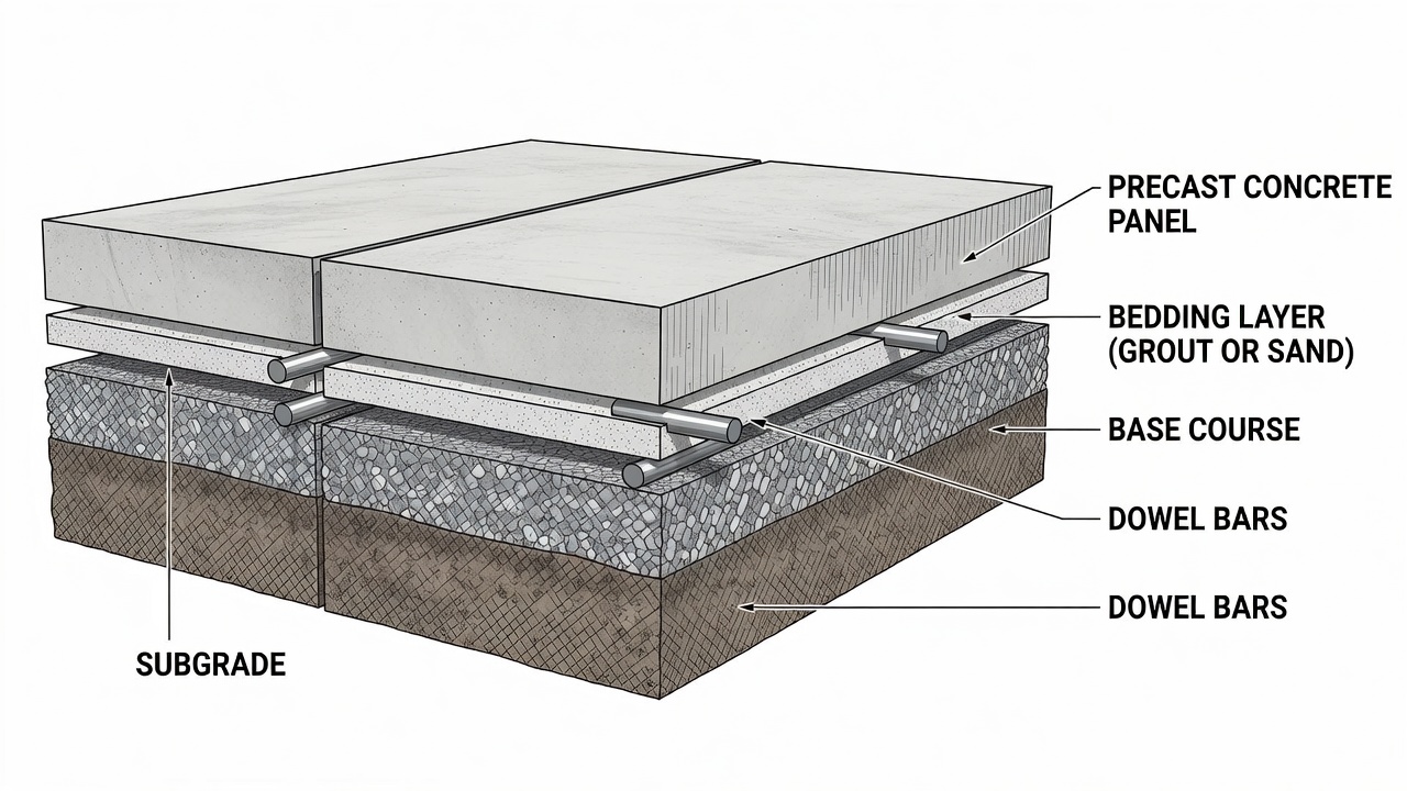 Coupe transversale d'un système de revêtement en béton préfabriqué montrant le panneau, la couche de lit de pose, la fondation, le sol-support et les joints à barres de goujon