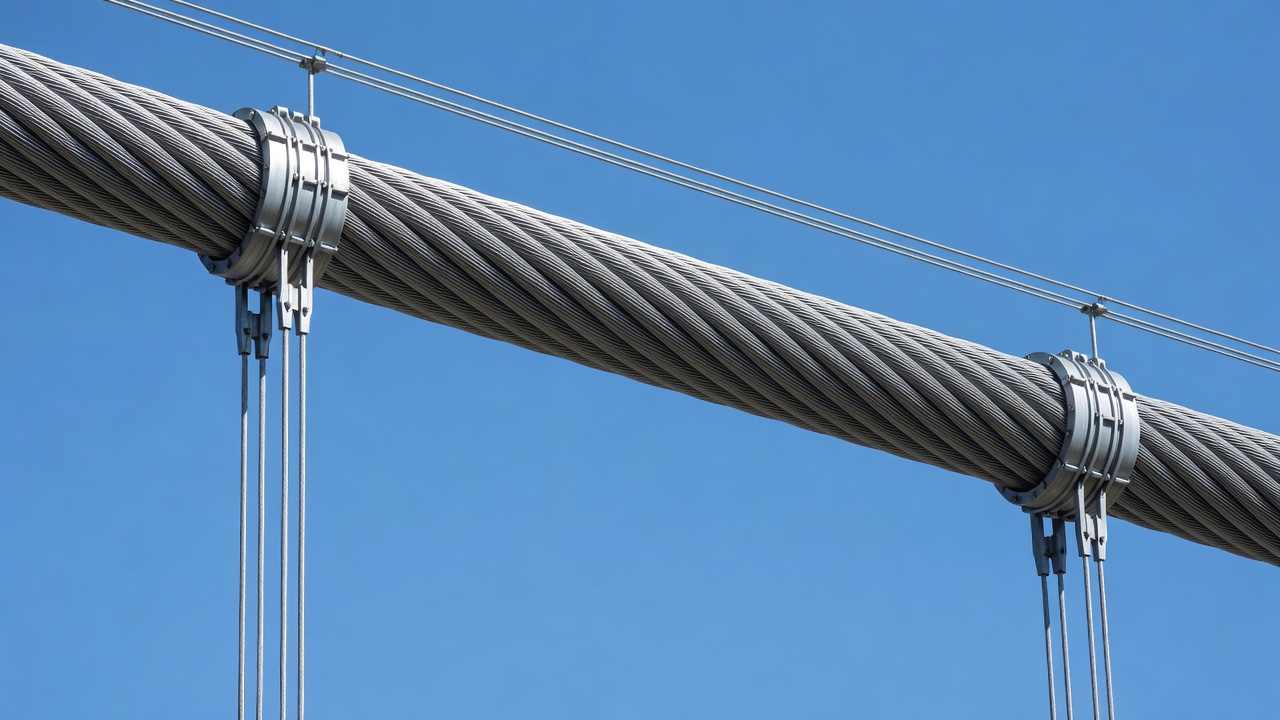 Gros plan du câble principal d'un pont suspendu montrant les fils d'acier en faisceau, les colliers de câble et les suspentes verticales