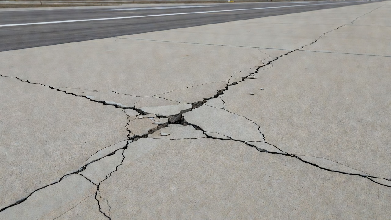 Nahaufnahme einer Punchout-Schädigung in durchgehend bewehrter Betonfahrbahndecke mit sich kreuzenden Quer- und Längsrissen und losem, gebrochenem Beton