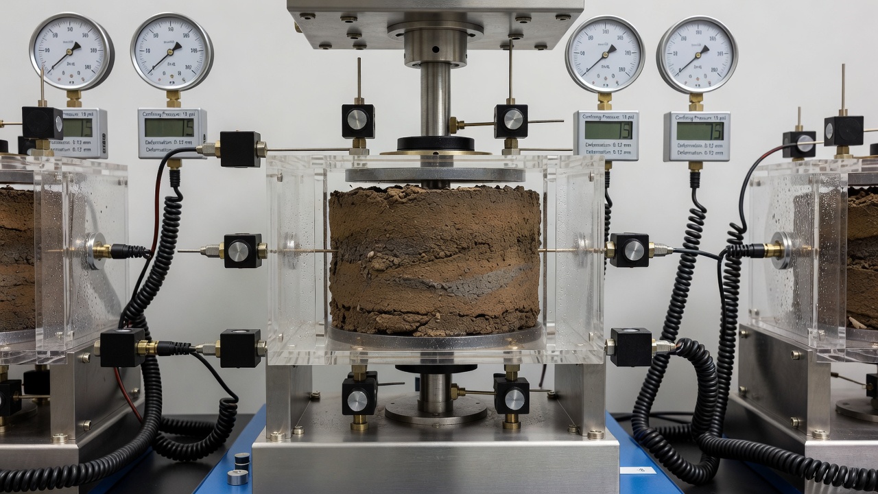 Montage d'essai triaxial à chargement répété pour la mesure du module de résilience d'un sol de fondation en laboratoire géotechnique