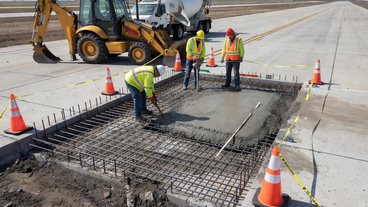 Tiefenausbesserung eines Punchouts in CRCP mit eingesägten Grenzen, freigelegten und gespleißten Bewehrungsstählen und frisch eingebrachtem Beton