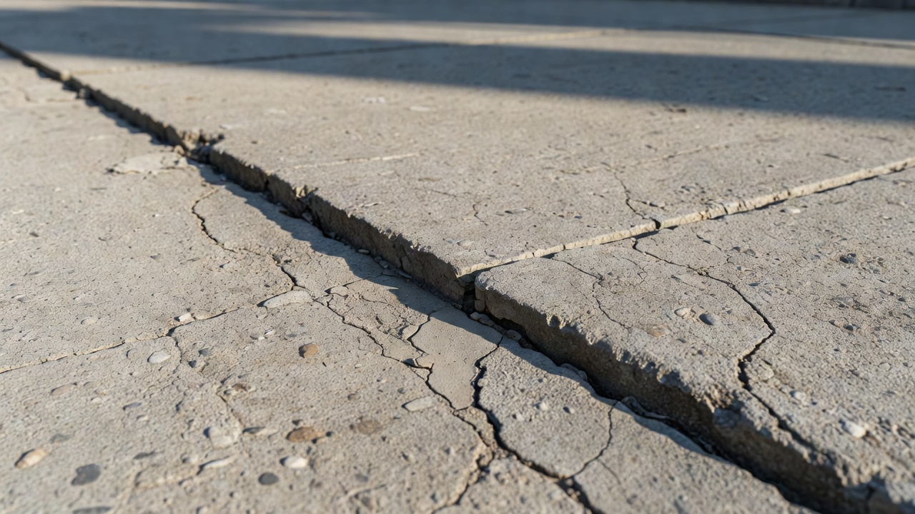 Vue rapprochée d'un faulting (défaut de nivellement) à un joint transversal dans une chaussée en béton de ciment à joints montrant la marche verticale entre les dalles adjacentes