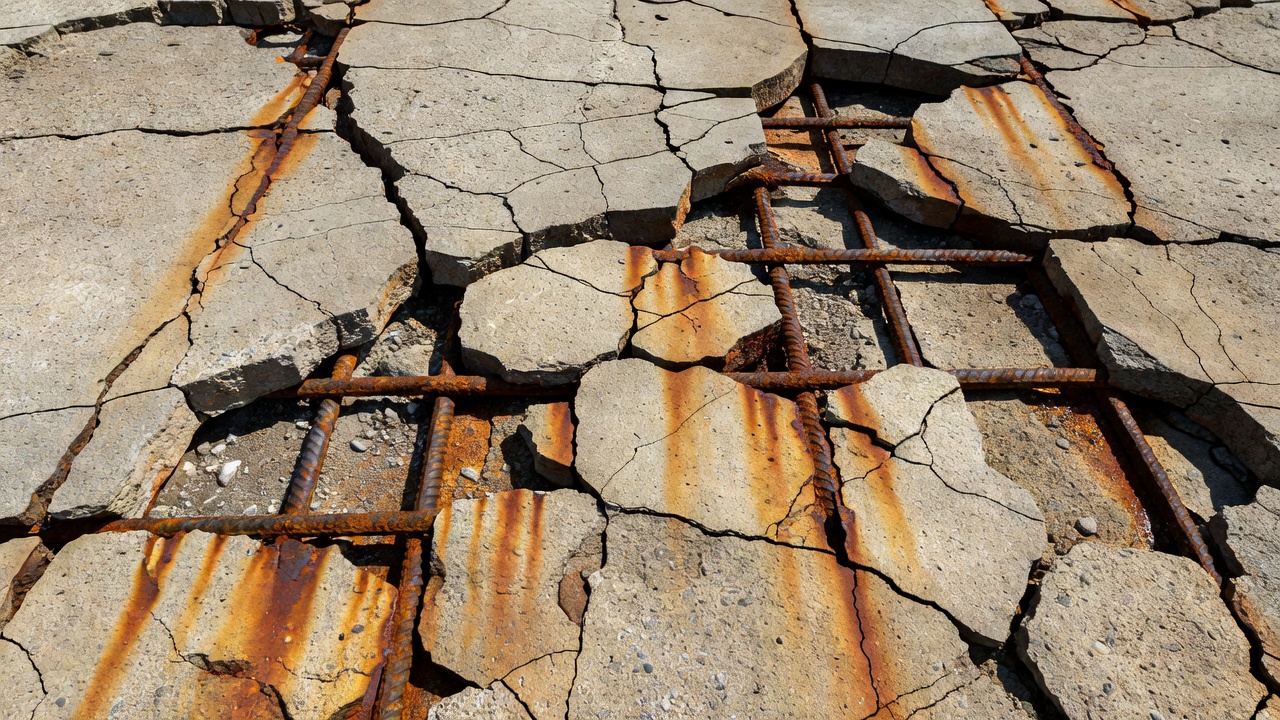 Dommages de corrosion induite par les chlorures sur un tablier de pont en béton montrant des taches de rouille, des fissures le long des armatures et un béton éclaté