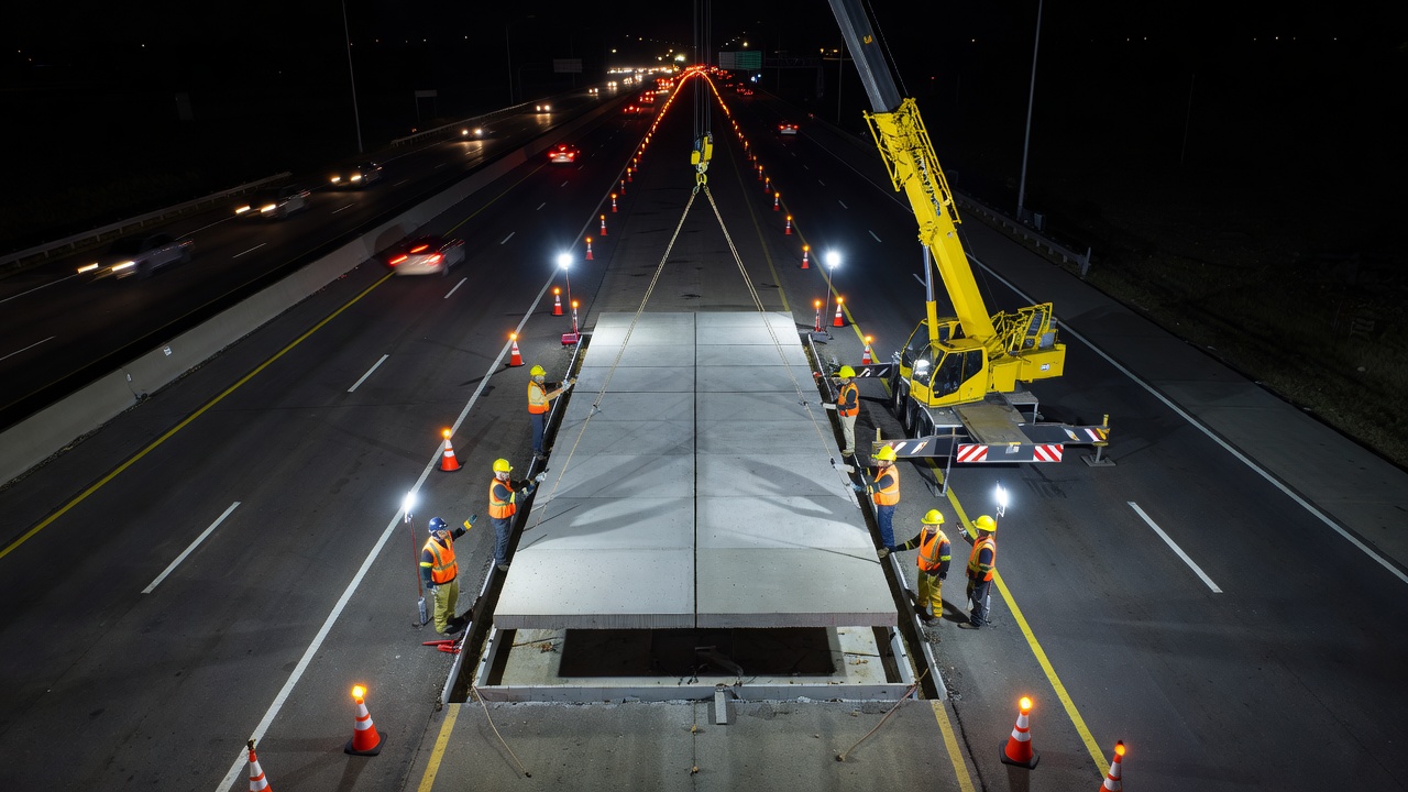 Installation de nuit de panneaux de revêtement en béton préfabriqué sur autoroute à l'aide d'une grue et d'une équipe de construction