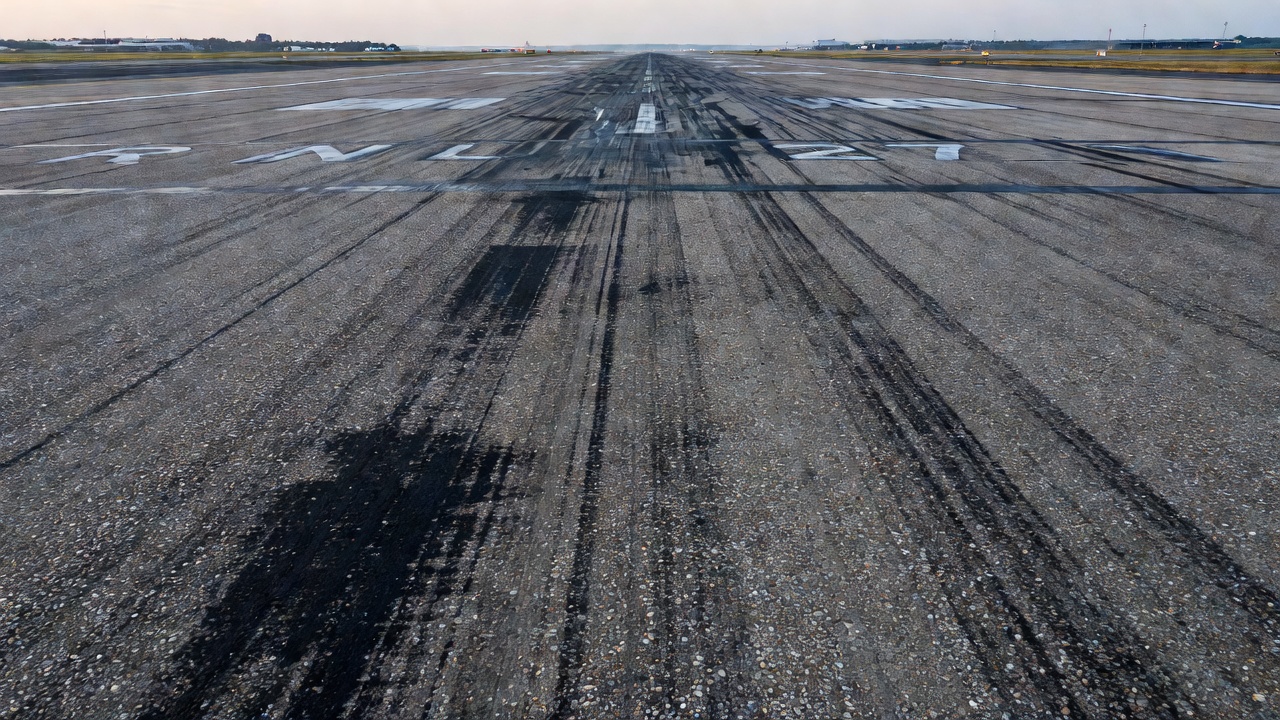 Surface de piste d'aéroport montrant des particules de granulat poli exposées avec des dépôts de caoutchouc de pneu visibles sur les pierres lisses et brillantes dans la zone de toucher des roues, photographiée en lumière naturelle rasante
