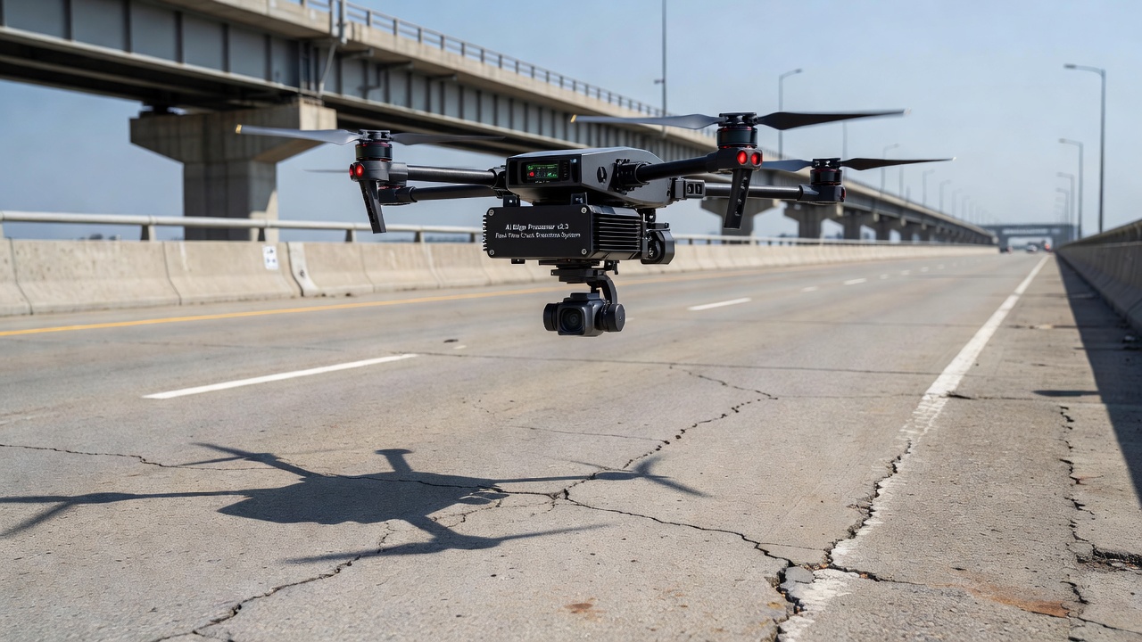 Drone équipé de matériel edge computing effectuant une inspection de pont en temps réel avec inférence IA embarquée