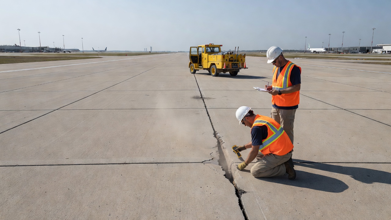 Joint transversal de piste en béton d'aéroport présentant une marche de faulting visible entre les panneaux de piste adjacents, montrant les marquages de piste et l'état de la chaussée
