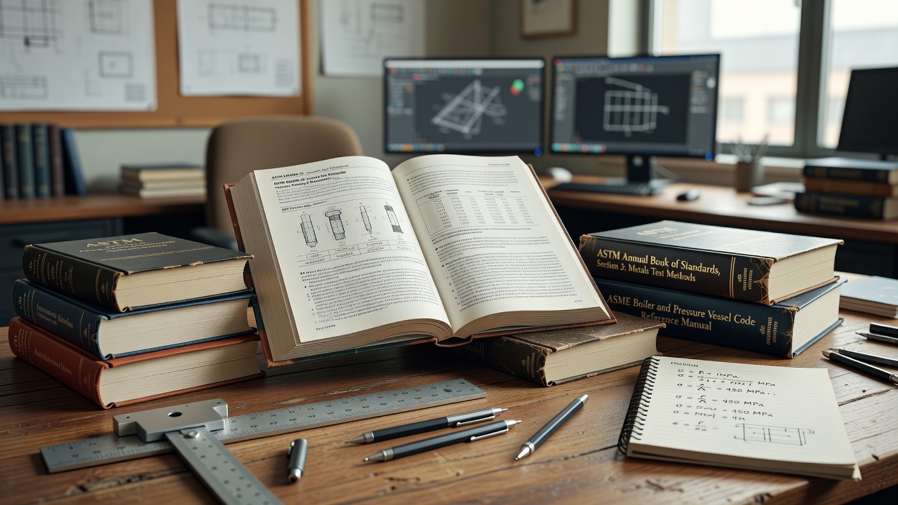Livres et manuels de référence des normes ASTM International sur un bureau d'ingénierie
