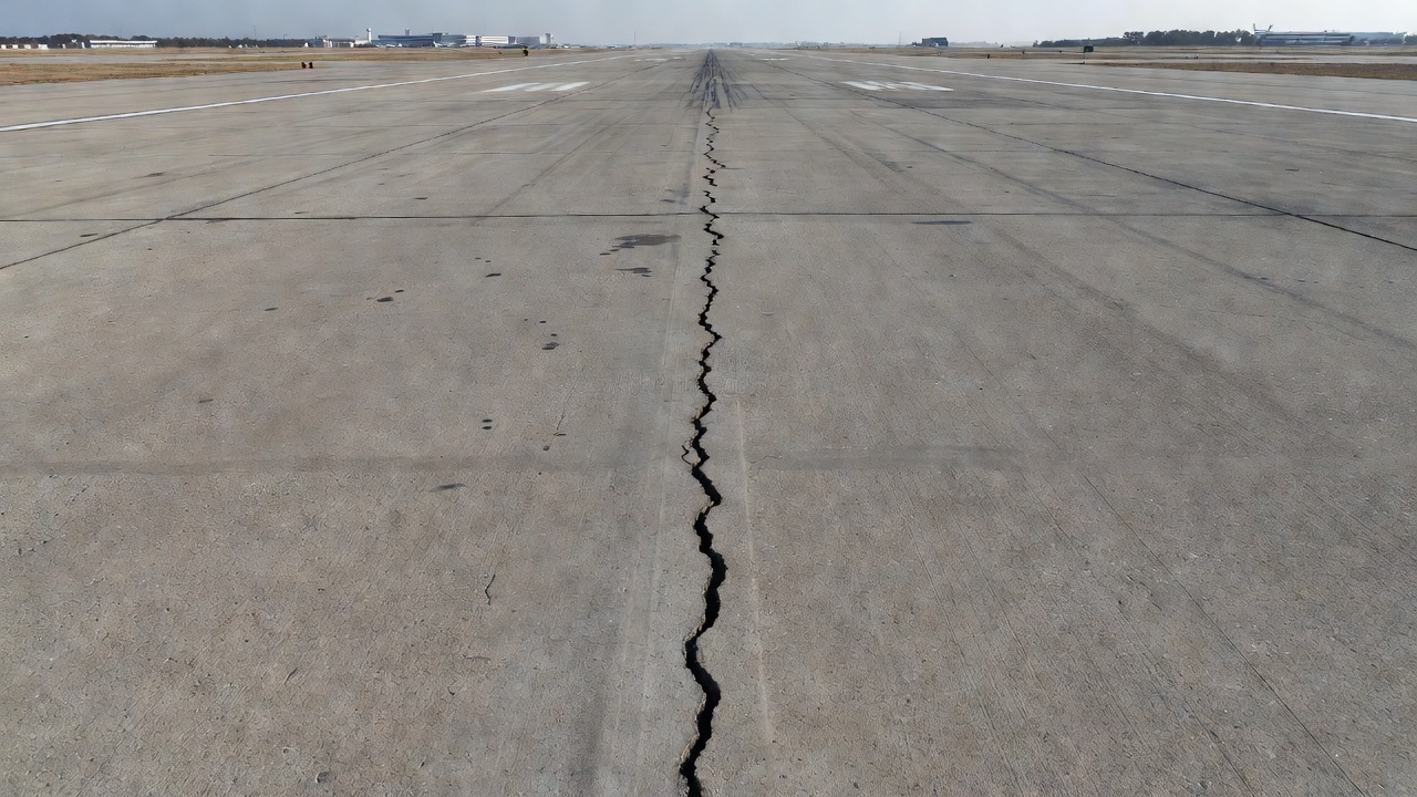 Vue aérienne d'une chaussée en asphalte montrant de multiples fissures longitudinales parallèles à la direction de circulation