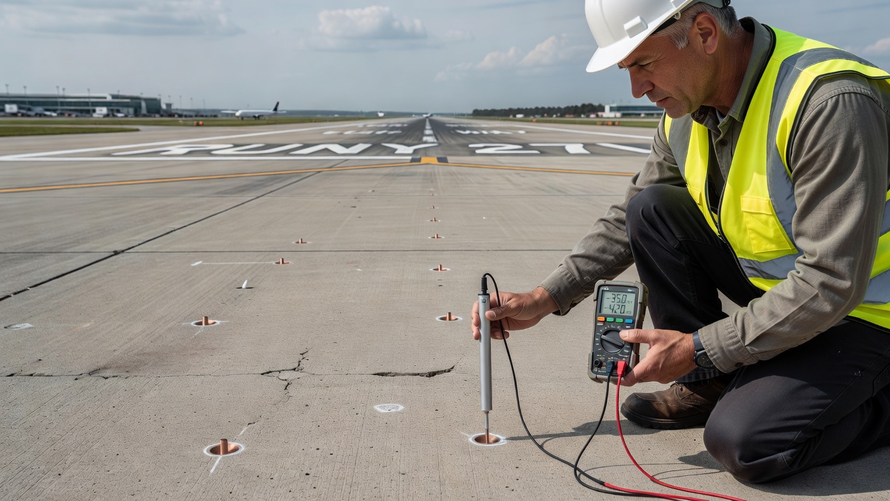 Technicien utilisant un multimètre et une électrode de référence pour surveiller un système de protection cathodique sur une chaussée aéroportuaire en béton