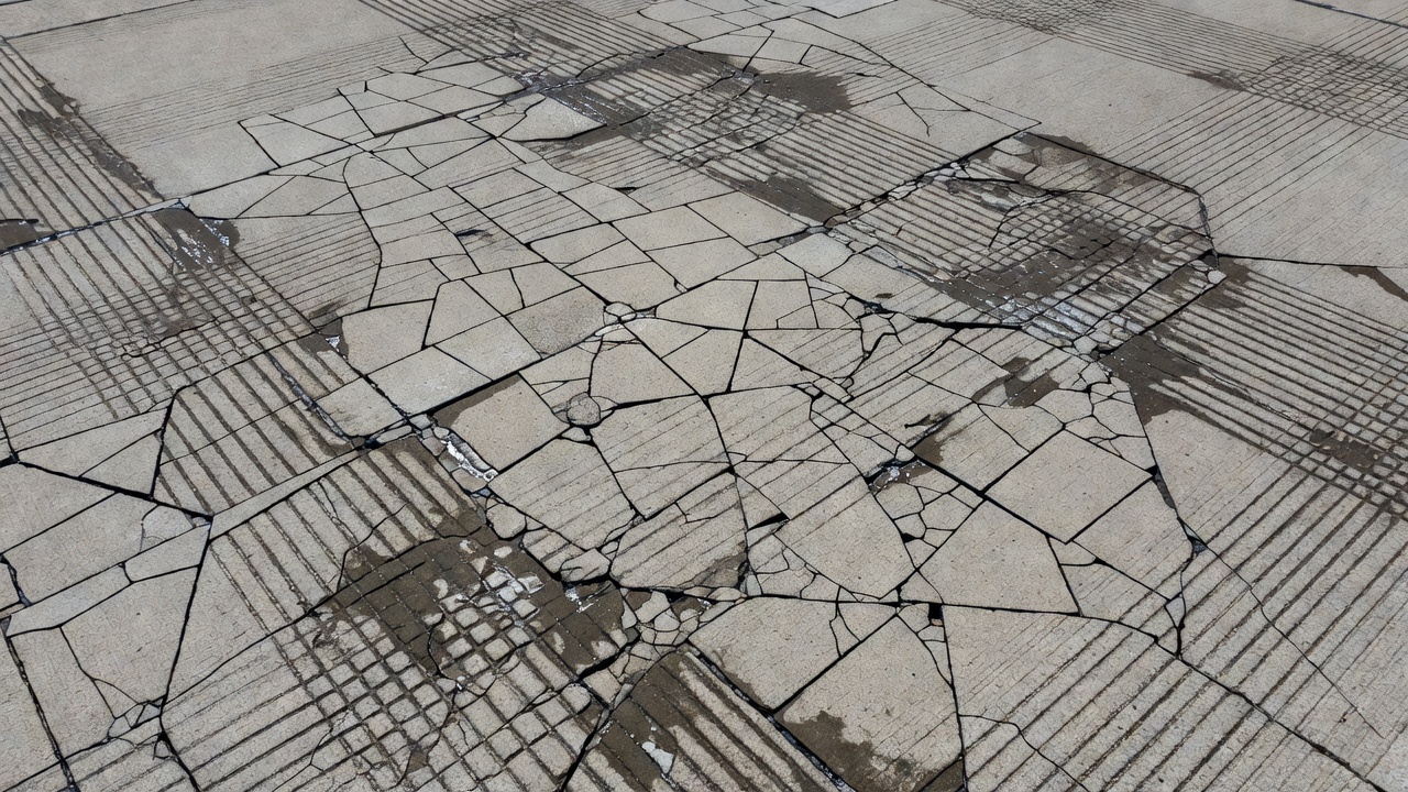 Gros plan d'une chaussée en béton montrant le motif classique de fissuration polygonale en cartes avec des taches d'humidité sombres le long des bords des fissures
