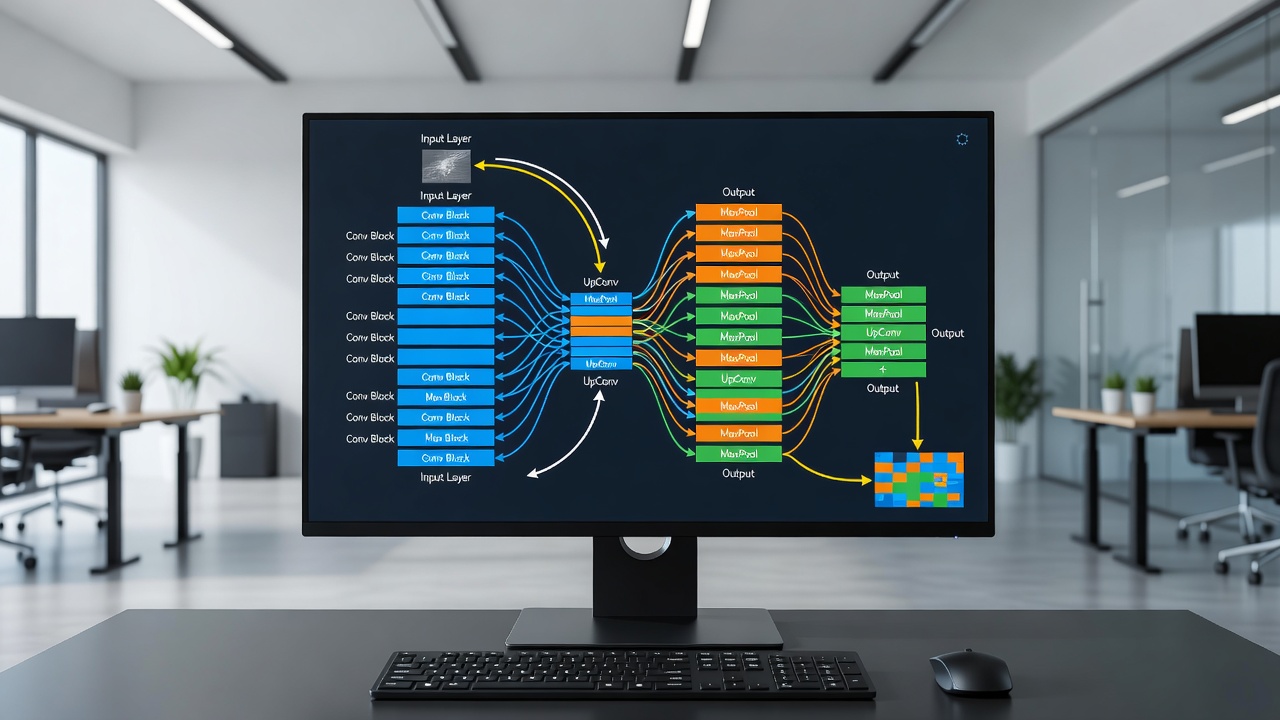 Deep learning semantic segmentation model architecture diagram showing U-Net encoder-decoder structure with skip connections and data flow visualization