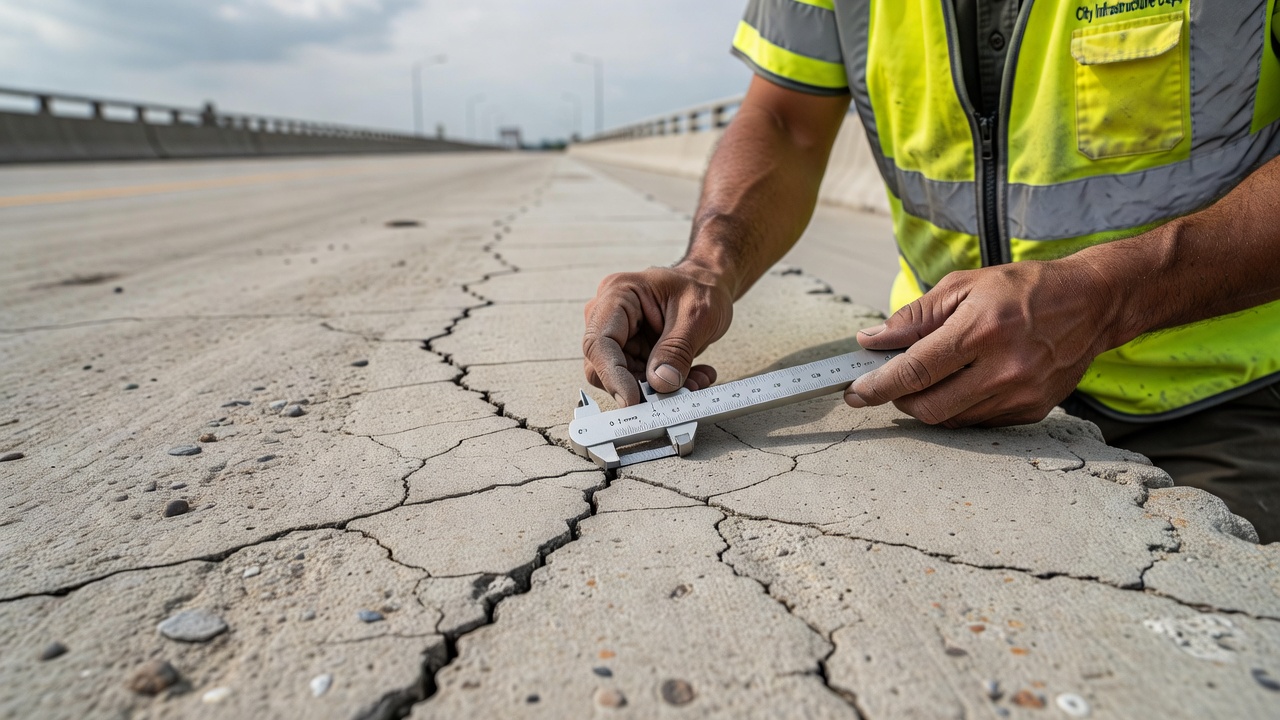 Ingénieur civil inspectant des fissures de retrait dans le béton avec un comparateur de largeur de fissure sur un tablier de pont