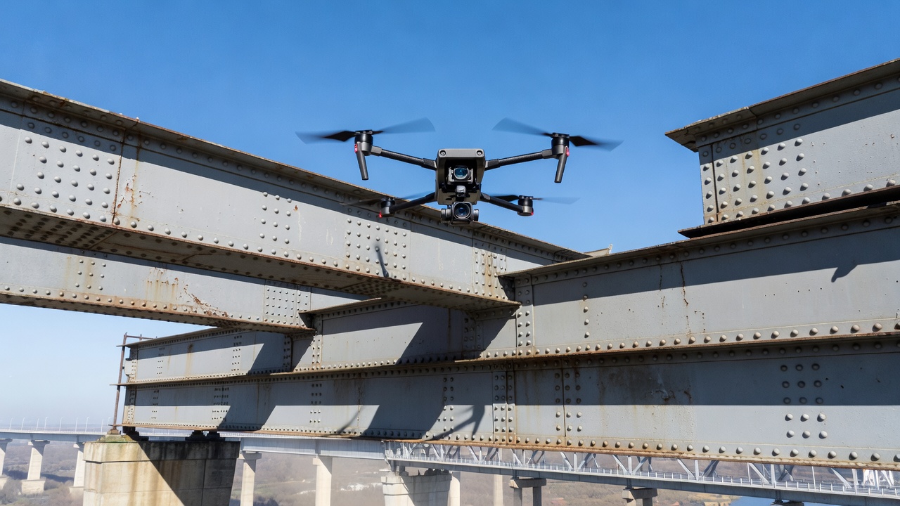 Dron provádějící vizuální inspekci mostní konstrukce