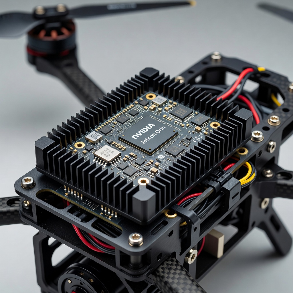 Module de calcul d'IA embarquée NVIDIA Jetson Orin montrant un format compact avec dissipateur thermique pour la gestion thermique