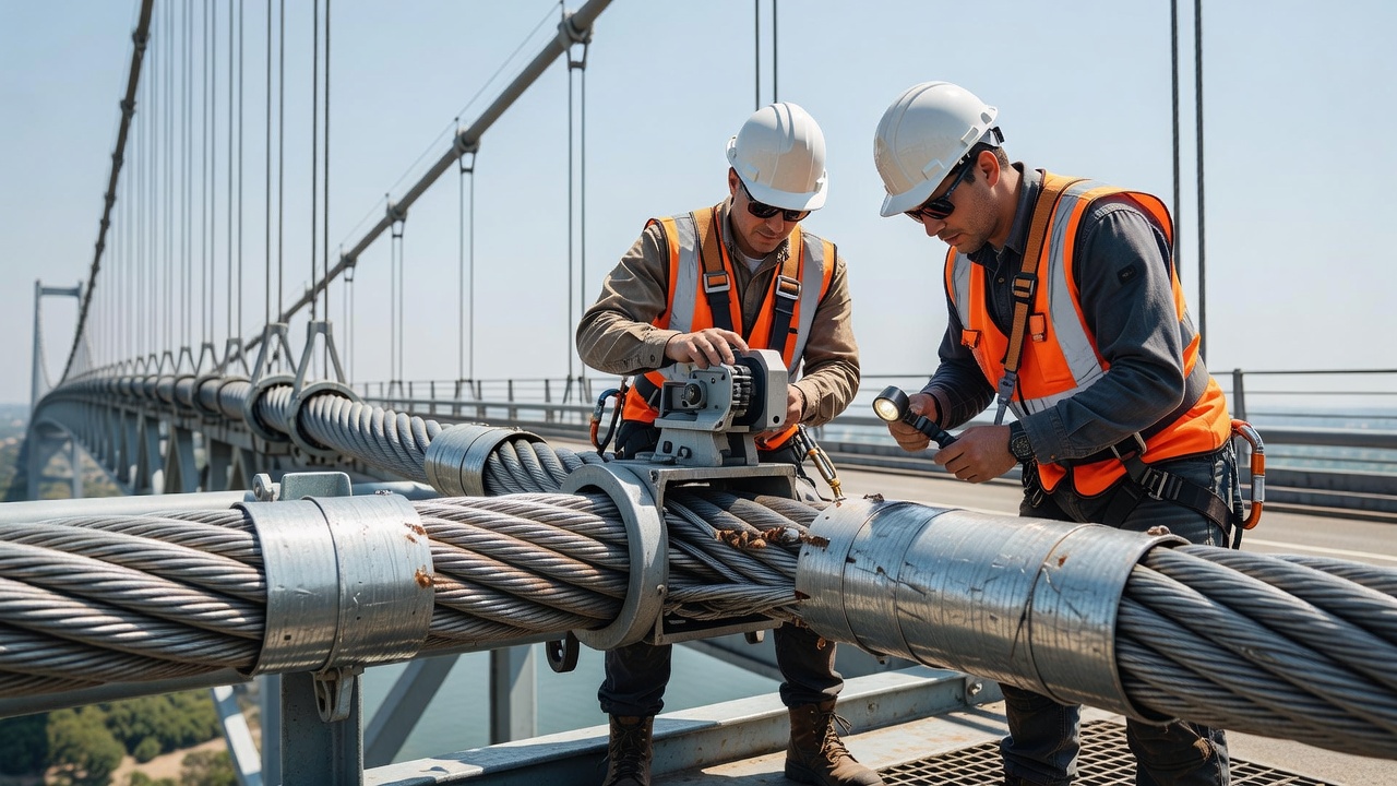 Ingénieurs d'inspection de pont effectuant une inspection pratique du câble avec une machine à défreter et une inspection des fils