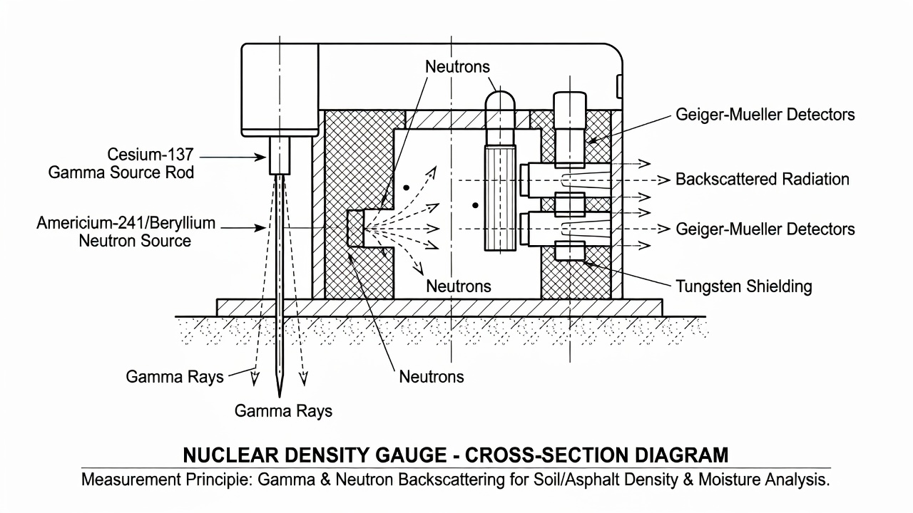 Illustration technique en coupe d'une jauge de densité nucléaire montrant la tige source de Césium-137, la source neutronique d'Américium-241/Béryllium, les emplacements des détecteurs et les composants de blindage en tungstène