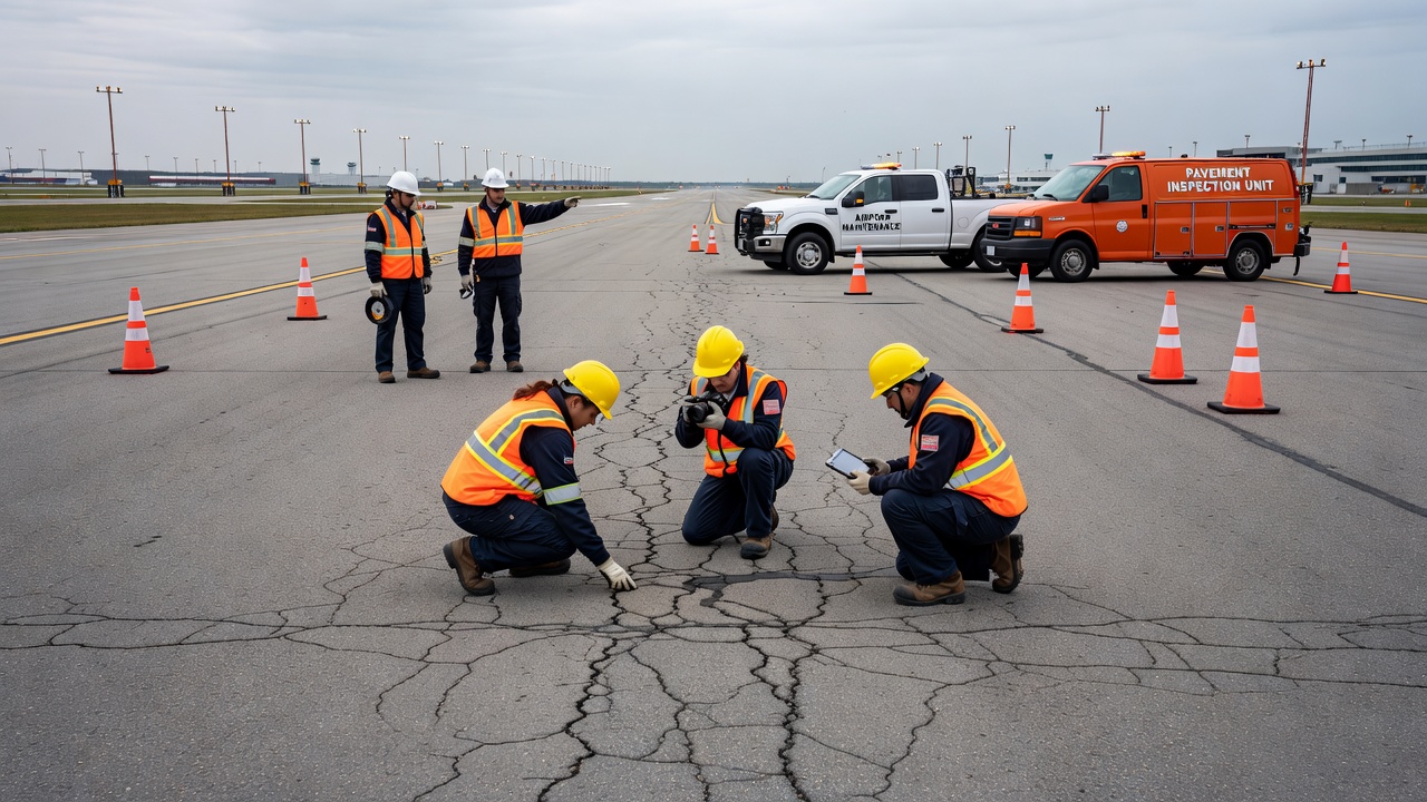 Équipe d'inspection de chaussée sur une piste d'aéroport réalisant un relevé PCI avec des véhicules de sécurité et des cônes