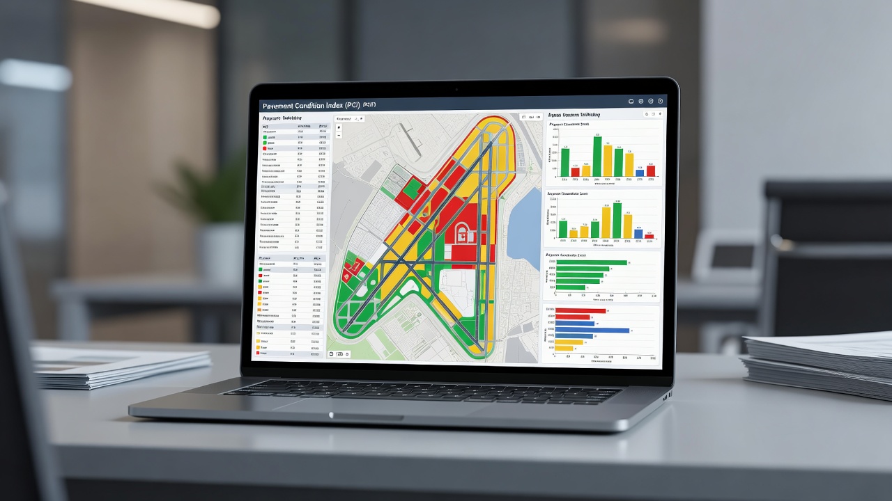 Écran d'ordinateur portable affichant un tableau de bord PCI de l'état des chaussées avec code couleur, segments verts, jaunes et rouges sur une carte aéroportuaire