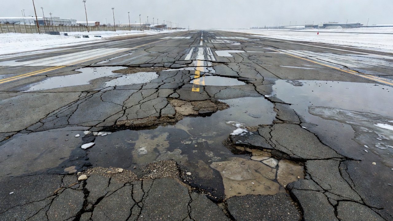 Affaiblissement au dégel printanier sur une chaussée de piste d'aéroport montrant des fissures sévères et des nids-de-poule après un cycle de soulèvement dû au gel et de dégel